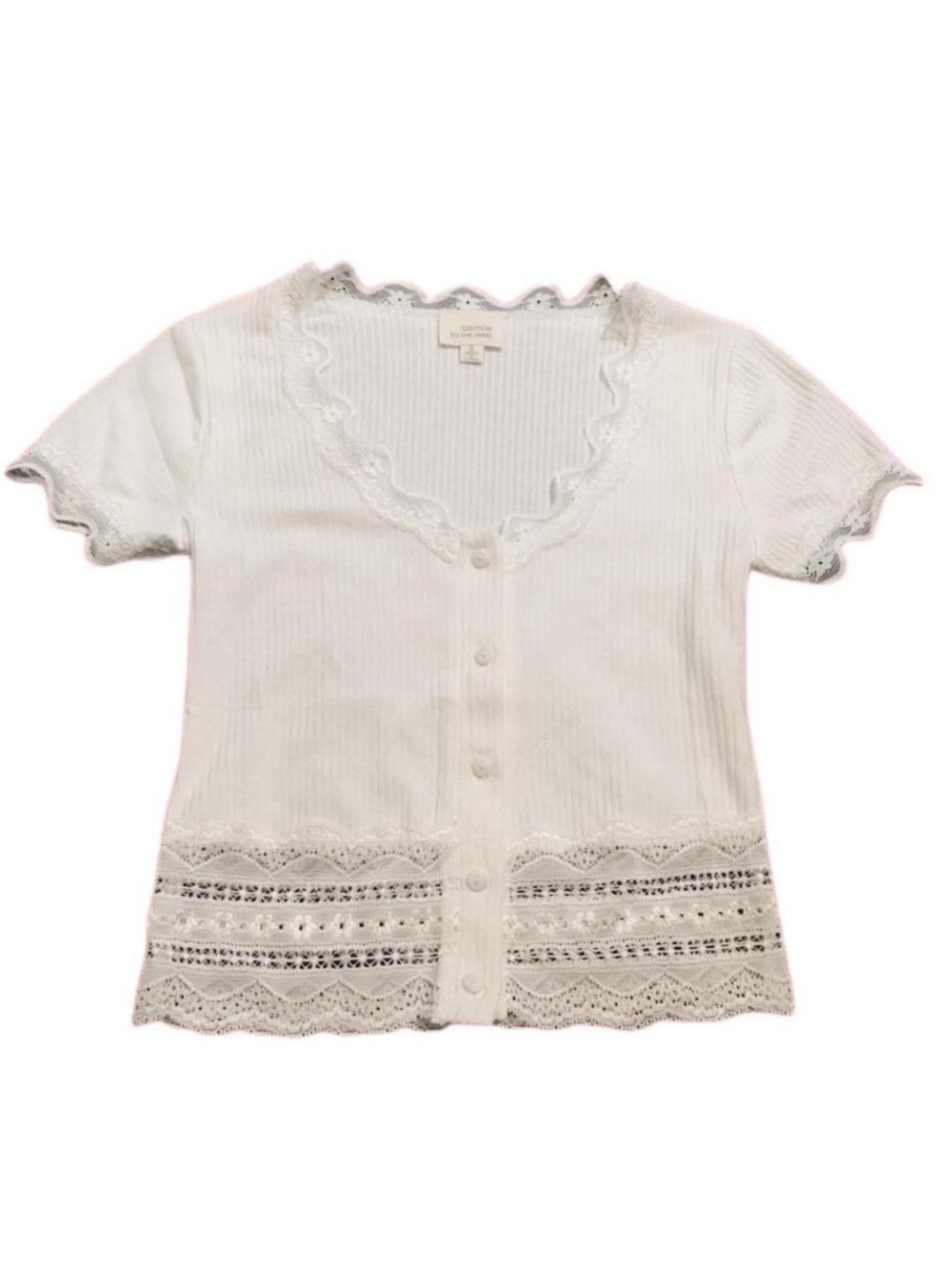 Caution to the wind white ribbed button tee with lace details NWOT